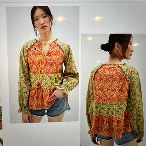 Anthropologie Roopa Pemmaraju Vivi Peasant Floral Blouse, Size XL Perfect!